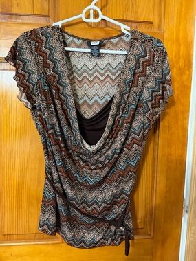 Studio Brown Chevron Cowl Neck Short Sleeve Blouse with Teal Accents